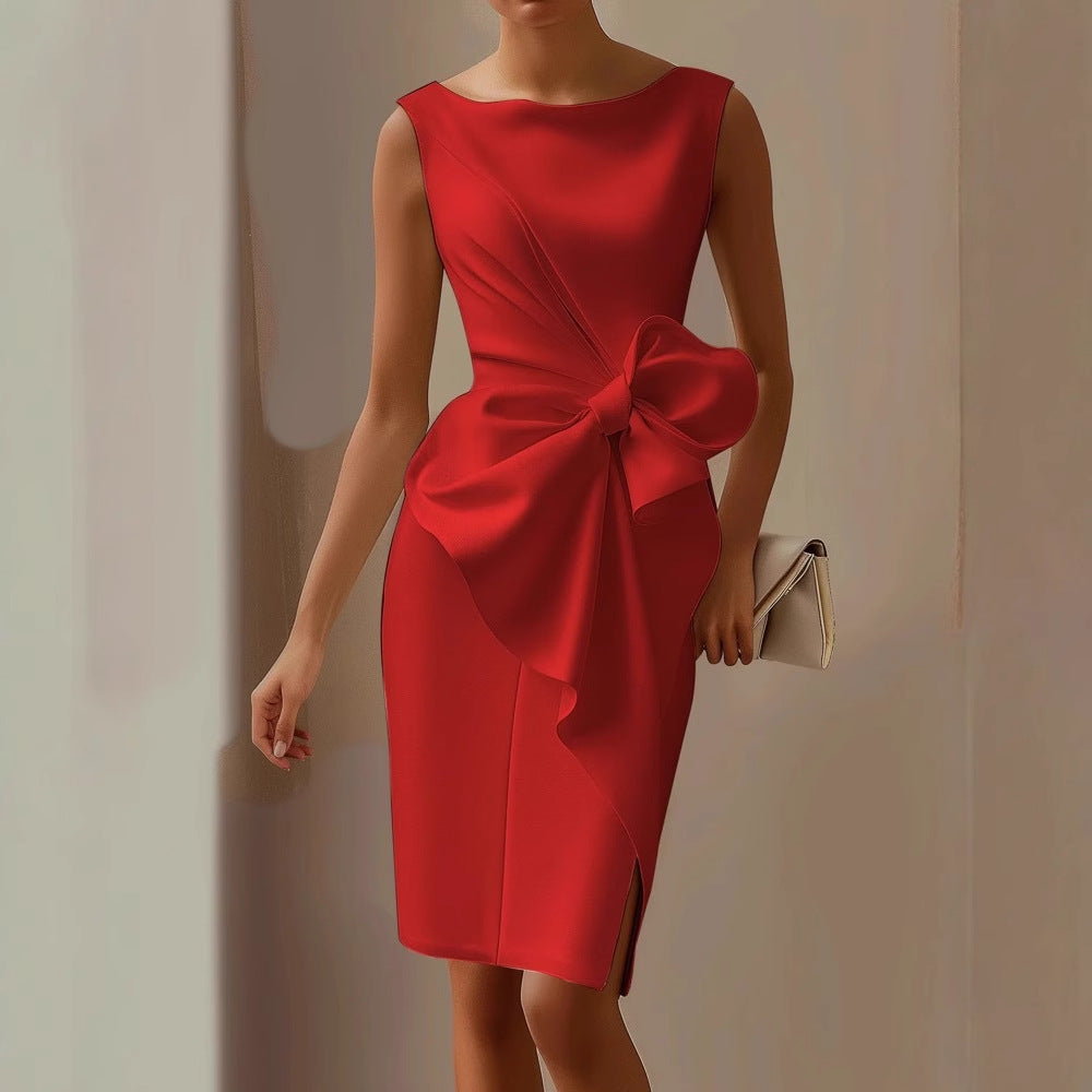 Sleeveless Dress with Oversized Bow and Asymmetric Draping for Events