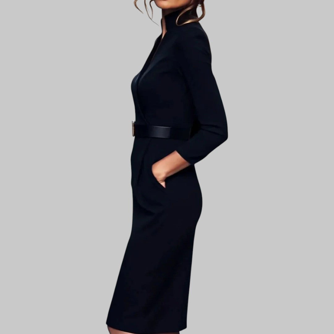 Long Sleeve Midi Dress with Structured Collar and Removable Belt, Tailored Sheath