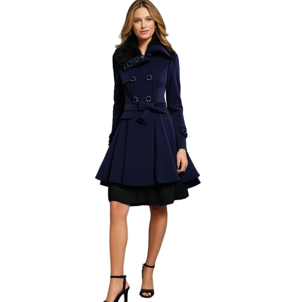 Women's Short Dress Coat with Faux Fur Collar and Adjustable Waist Tie