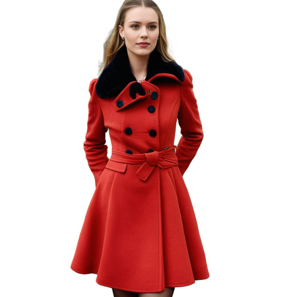 Women's Short Dress Coat with Faux Fur Collar and Adjustable Waist Tie