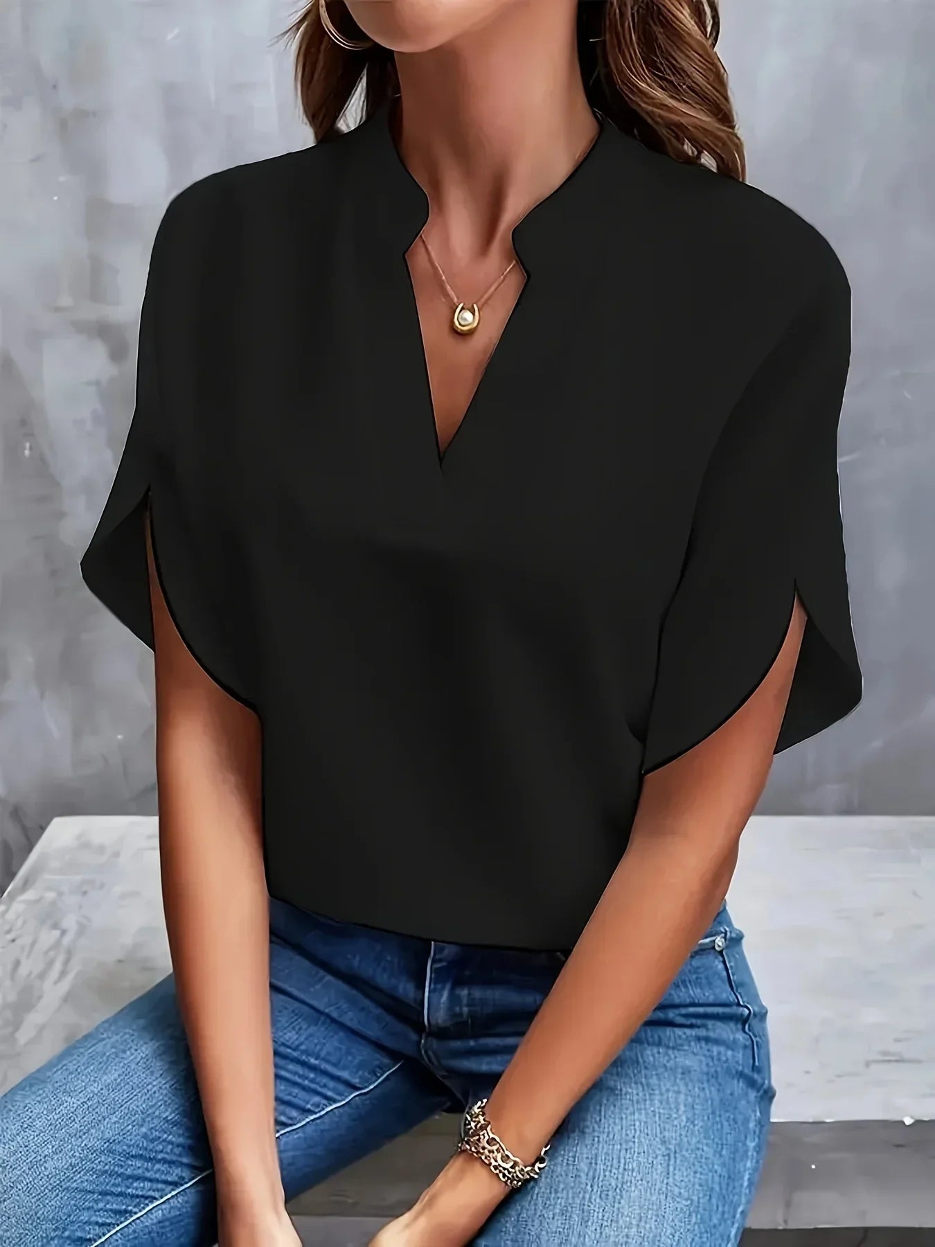 Women's Breathable Blouse with V-Neckline and Cap Sleeves