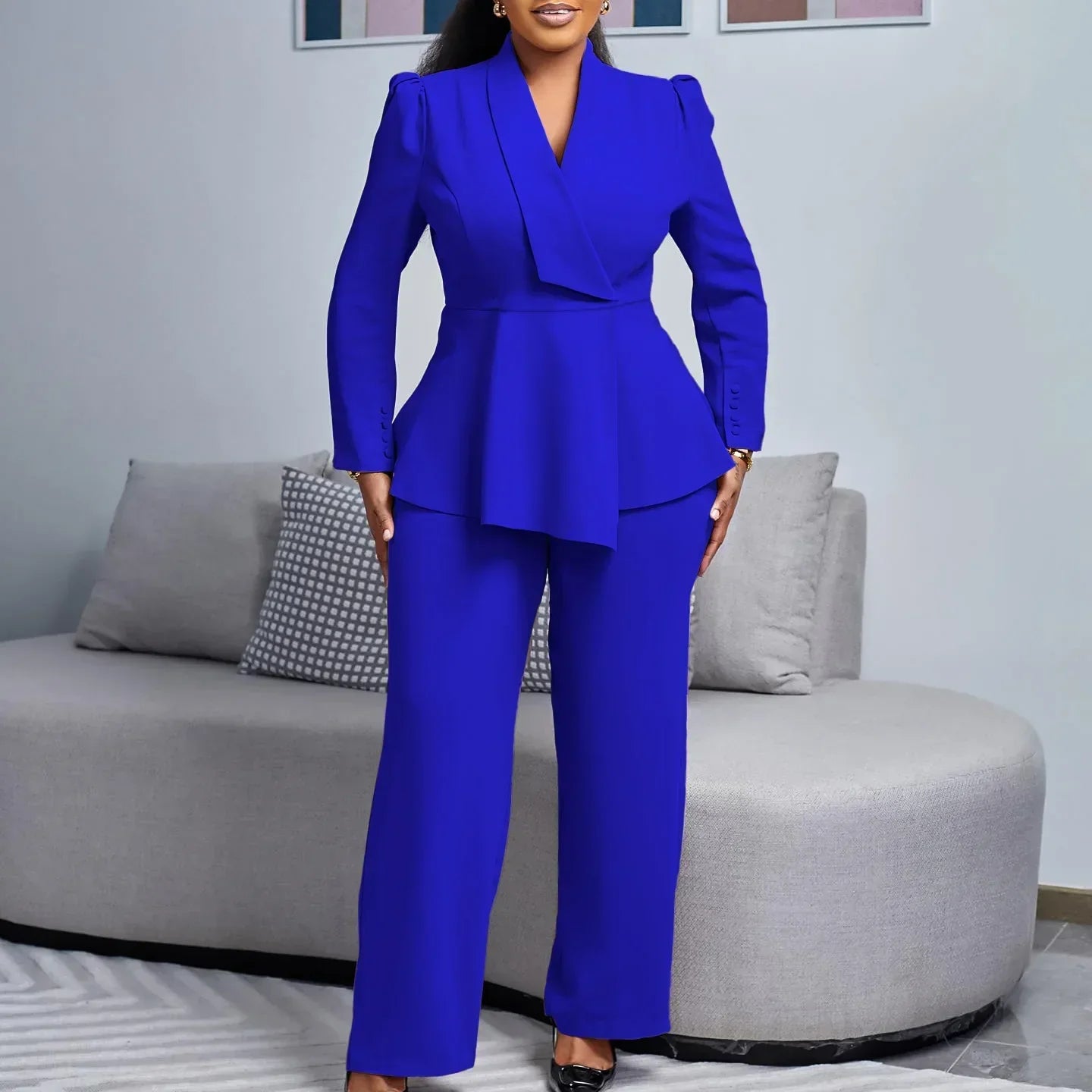 Womens Peplum Blazer and Wide-Leg Trousers Suit Set, Long