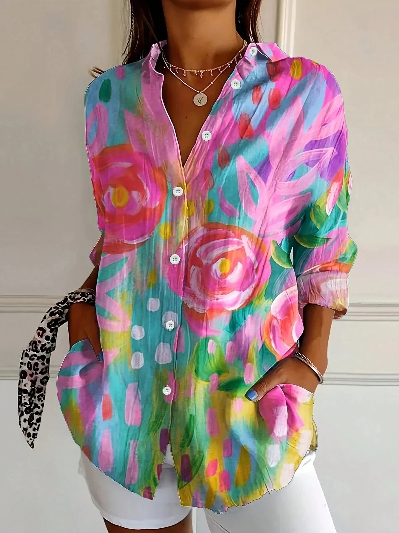 Relaxed Fit Blouse with Vibrant All-Over Print and Long Sleeves