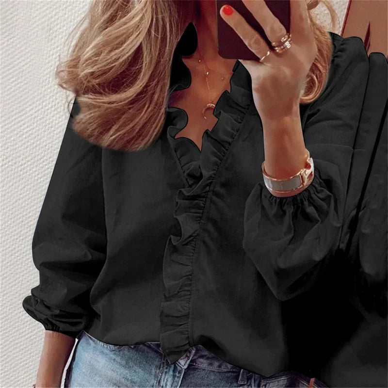 Women's Blouse with Ruffled Neckline and Pleated Balloon Sleeves