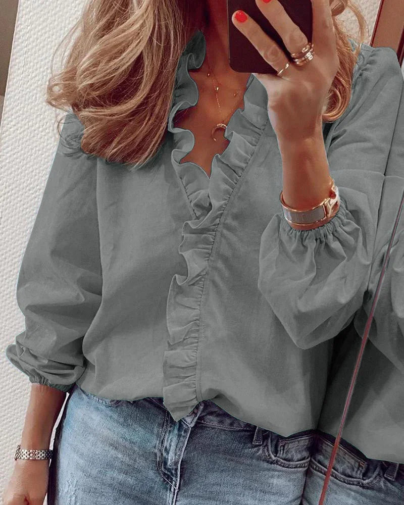 Women's Blouse with Ruffled Neckline and Pleated Balloon Sleeves