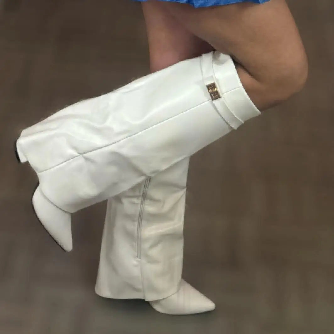 Women's Thigh-High Leather Boots with Adjustable Buckle and Low Block Heel