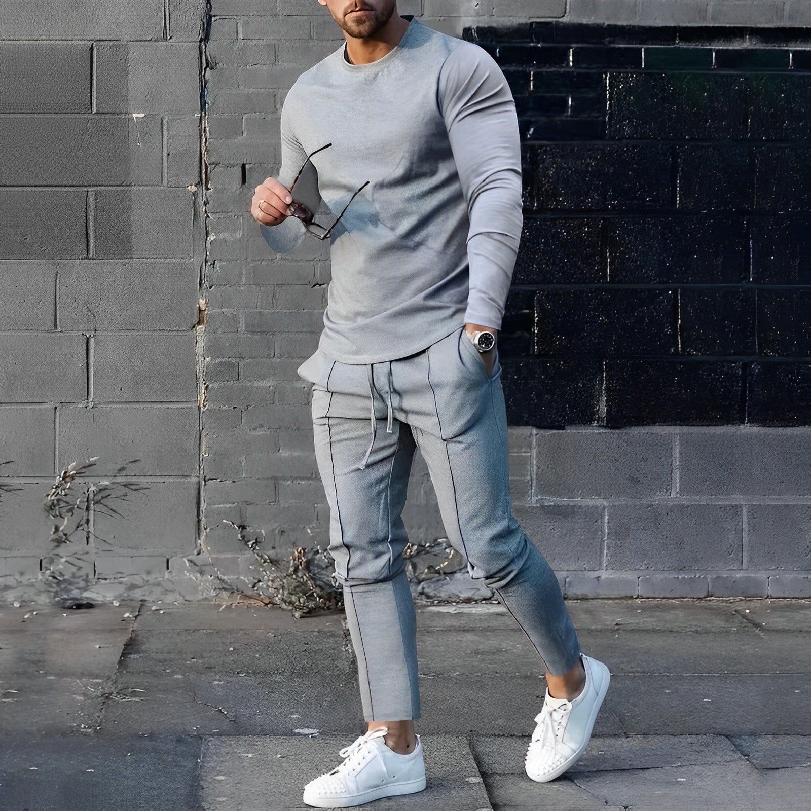 Men's Two-Piece Loungewear Set with Long-Sleeve Top and Jogger Pants, Relaxed Fit