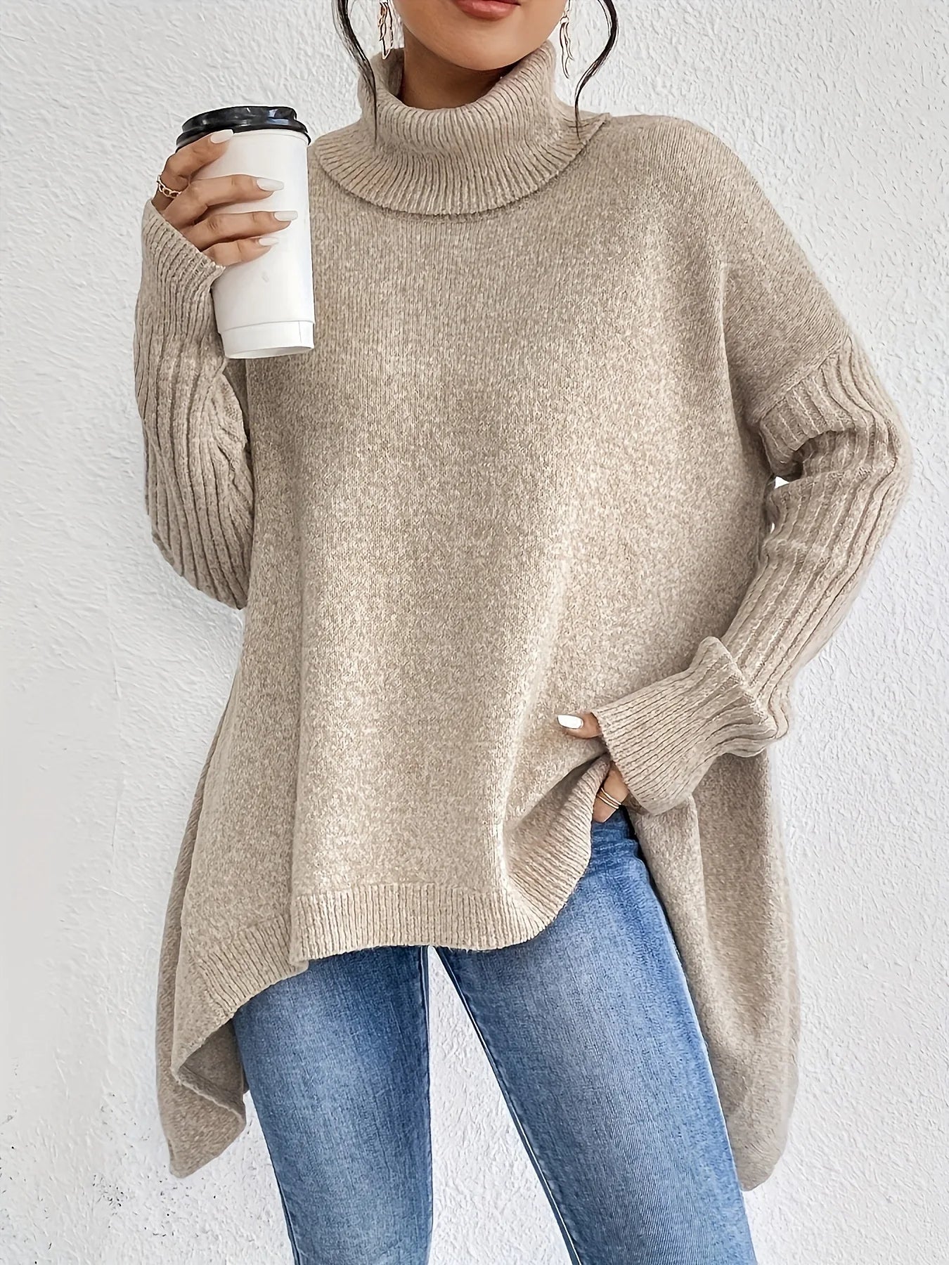 Cashmere Turtleneck Sweater with Oversized Fit and Folded Neckline, Soft Blend