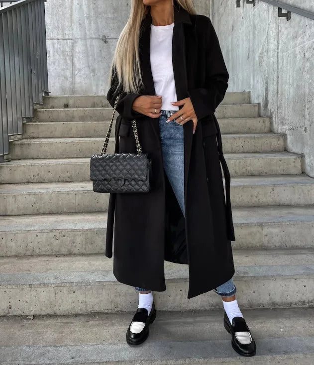 Women's Long Trench Coat with Removable Waist Belt and Insulated Lining, Machine Washable