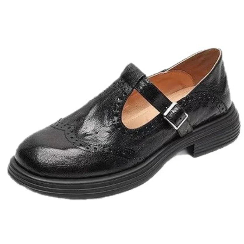 Women's Leather T-Strap Shoes with Cushioned Insole and Adjustable Buckle, Low Heel