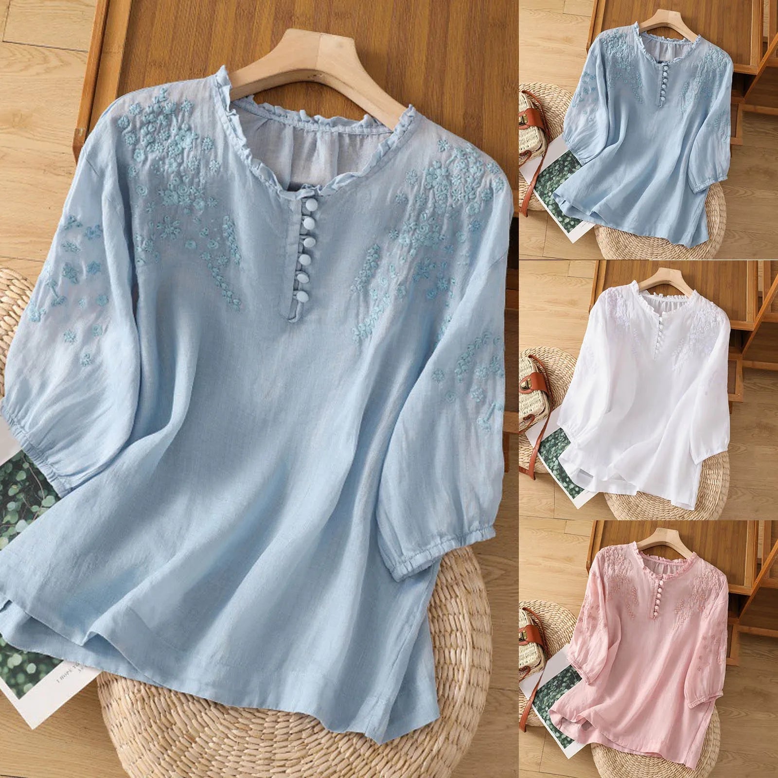 Button-Front Blouse with Embroidered Detail and Lightweight Woven Fabric