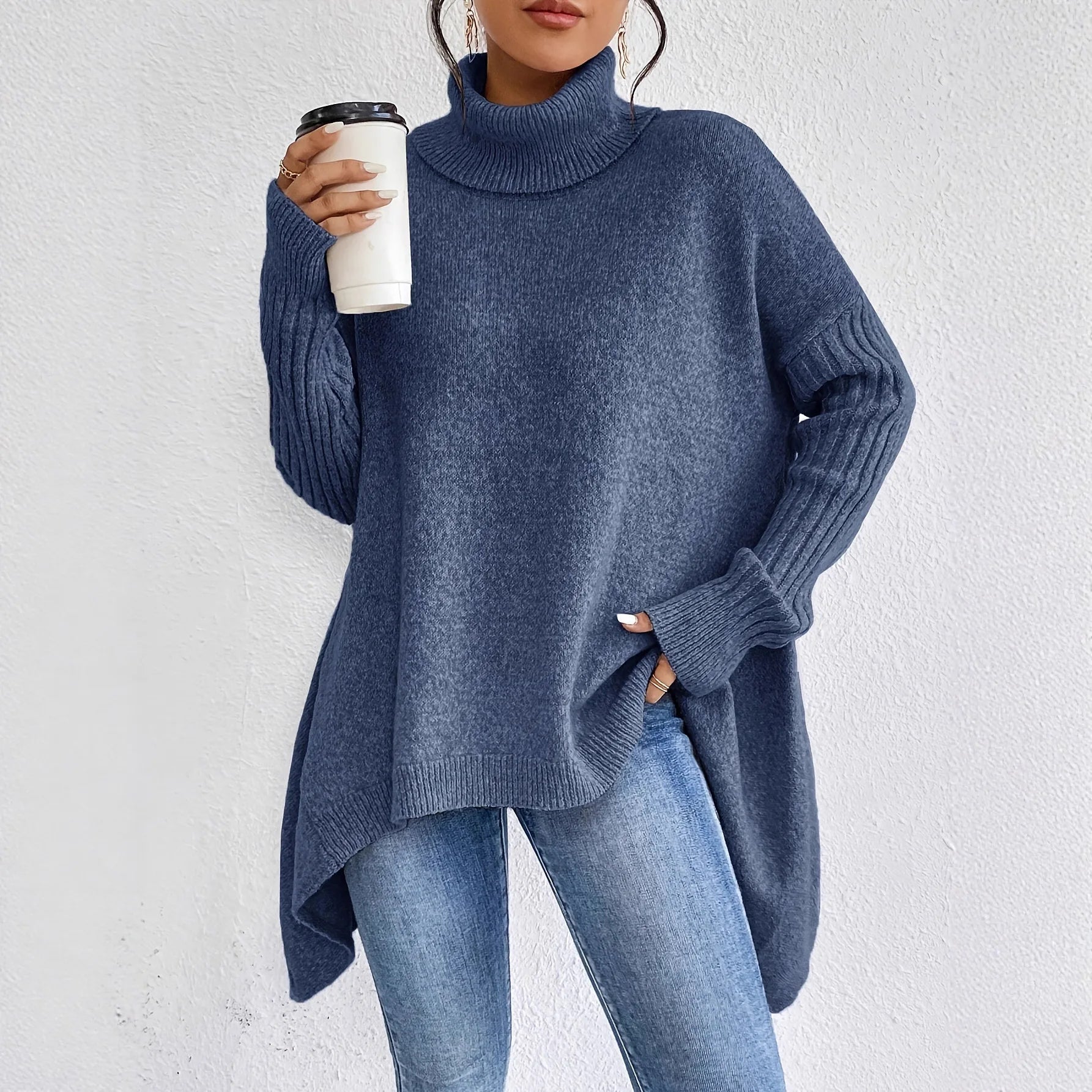 Cashmere Turtleneck Sweater with Oversized Fit and Folded Neckline, Soft Blend