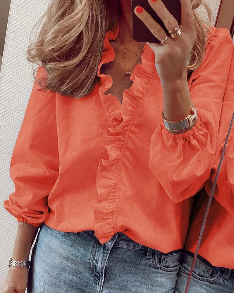 Women's Blouse with Ruffled Neckline and Pleated Balloon Sleeves