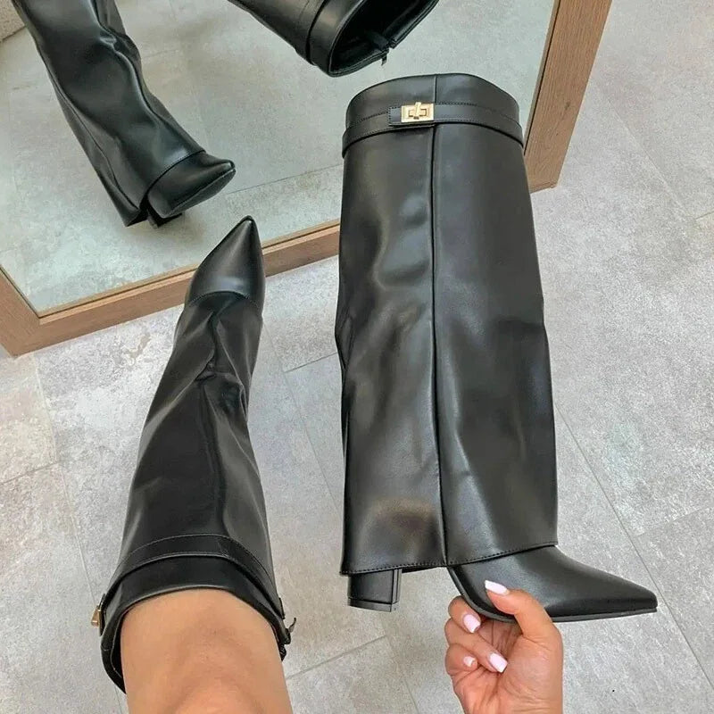 Women's Thigh-High Leather Boots with Adjustable Buckle and Low Block Heel