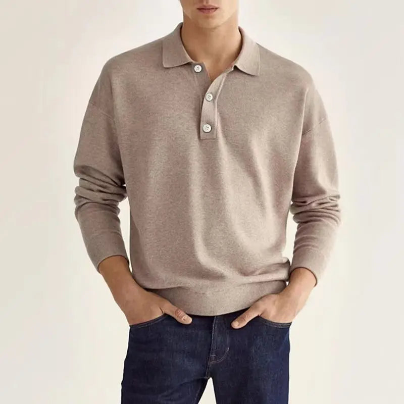 Men's Long Sleeve Polo Shirt with Soft Knit Fabric and Relaxed Fit, Machine Washable