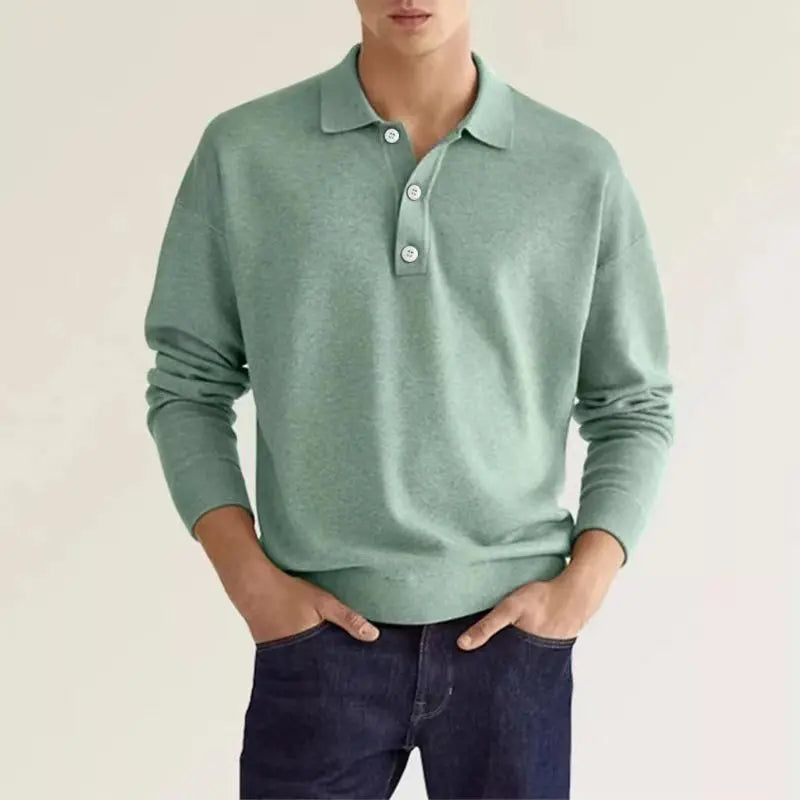 Men's Long Sleeve Polo Shirt with Soft Knit Fabric and Relaxed Fit, Machine Washable