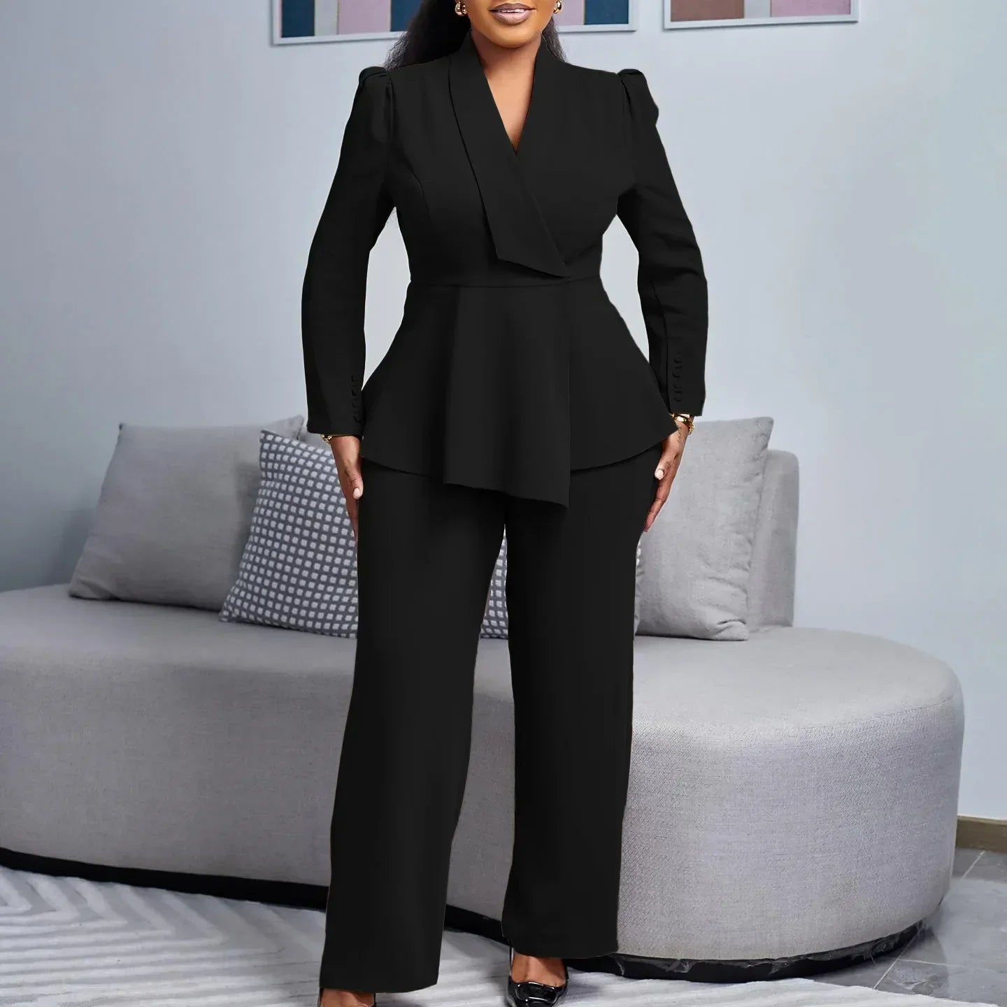 Womens Peplum Blazer and Wide-Leg Trousers Suit Set, Long