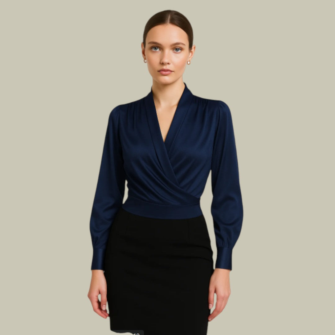 Women's V-Neck Wrap Satin Blouse with Structured Waistband and Long Sleeves