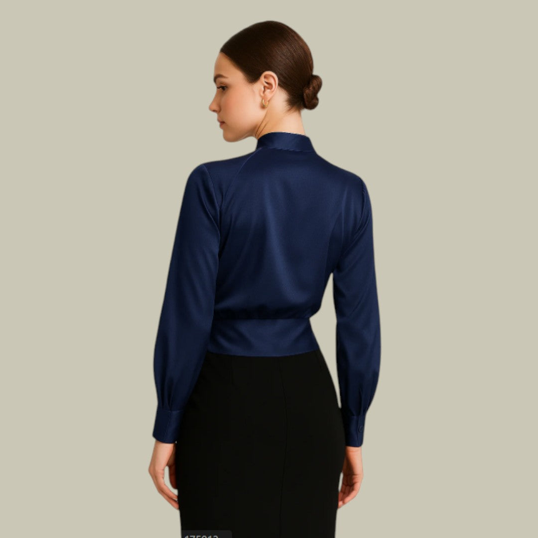 Women's V-Neck Wrap Satin Blouse with Structured Waistband and Long Sleeves