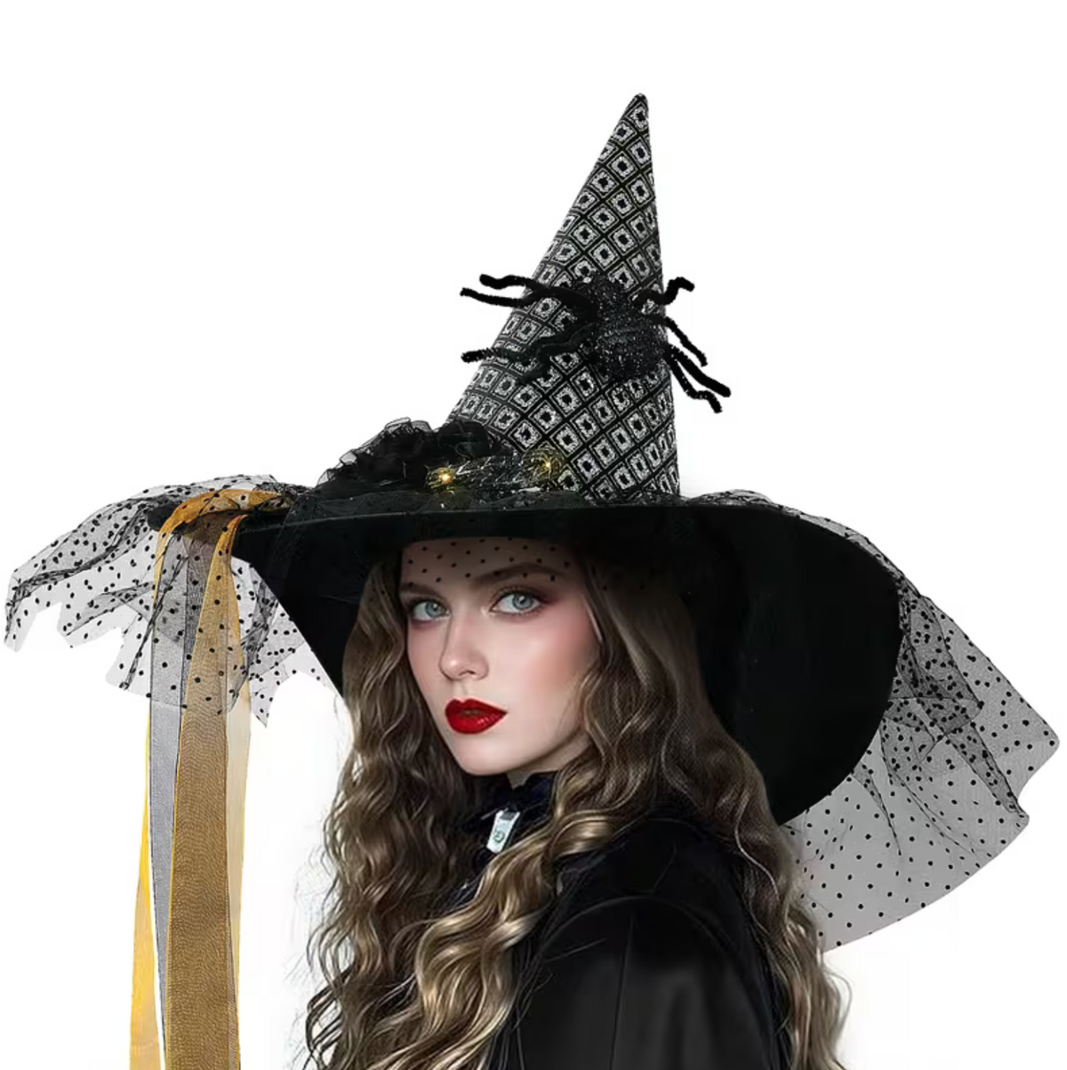 LED Witch Hat with Spider Web and Rose Accents for Halloween