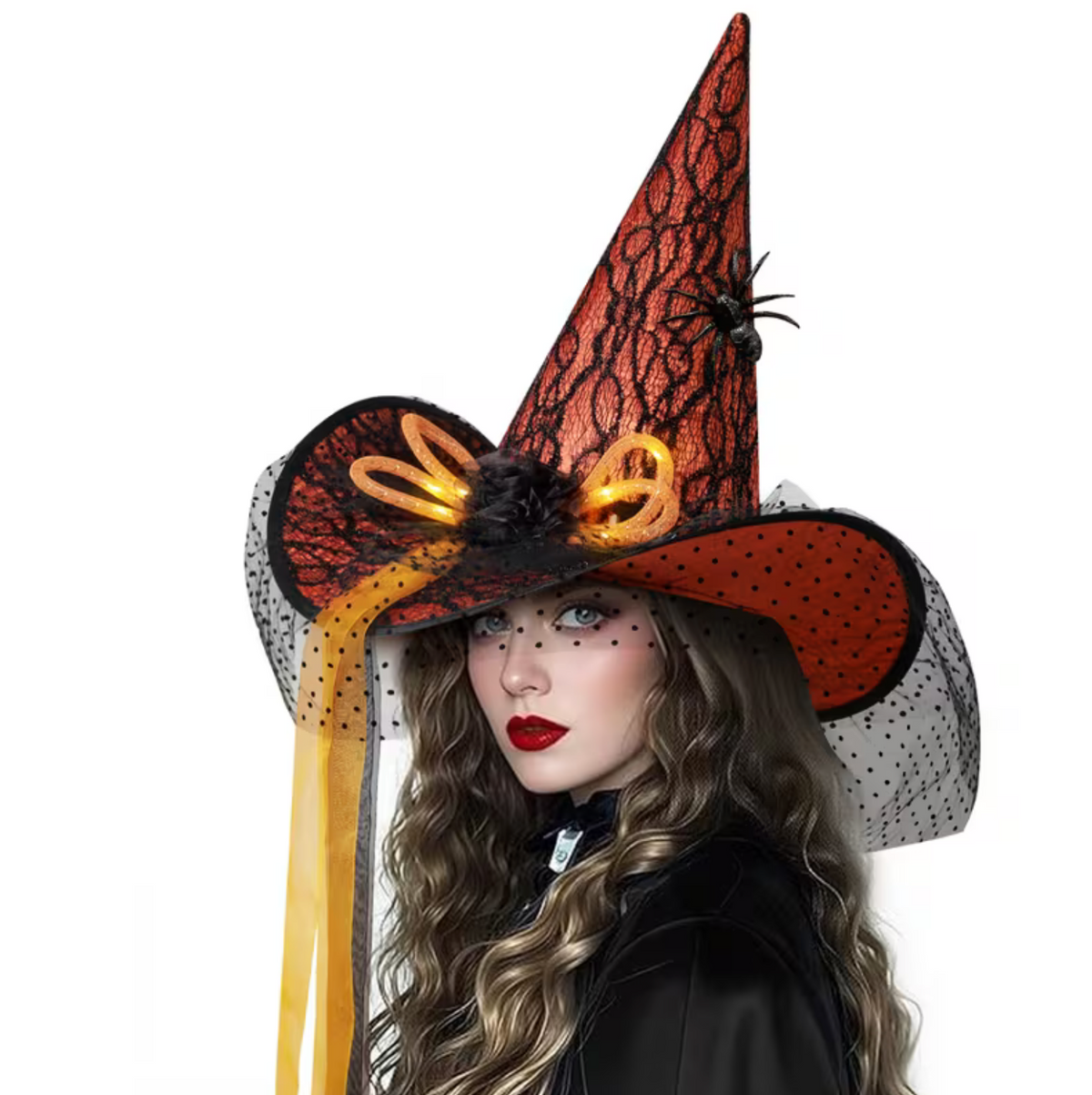 LED Witch Hat with Spider Web and Rose Accents for Halloween