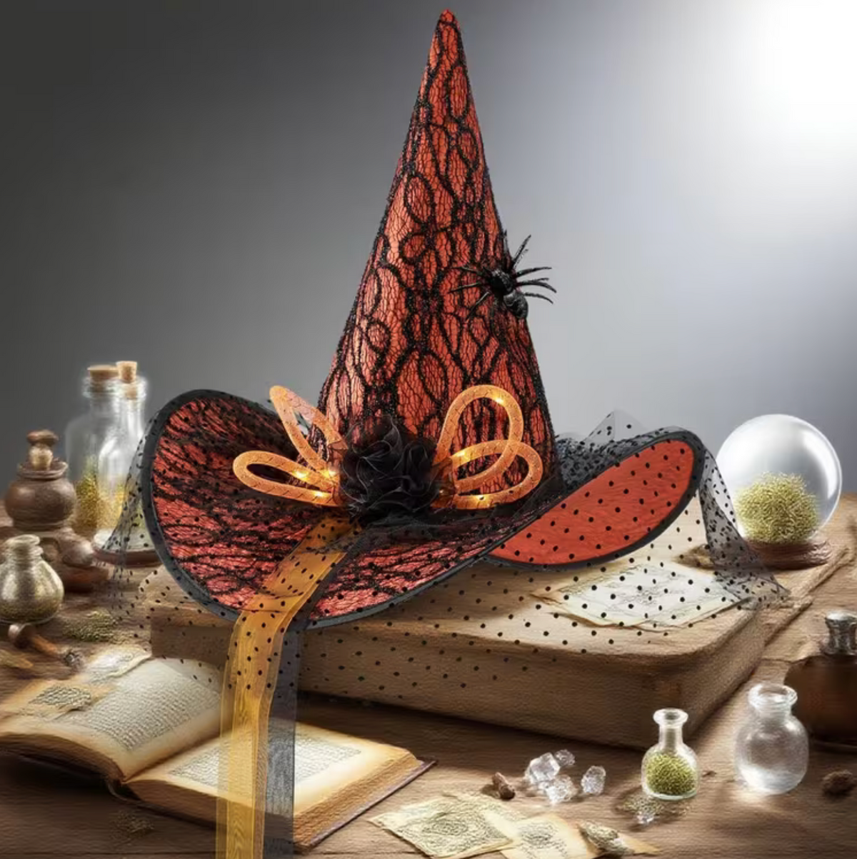 LED Witch Hat with Spider Web and Rose Accents for Halloween
