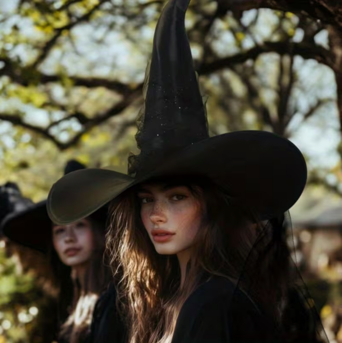 Pointed Witch Hat with Glitter Star Veil and Wide Brim