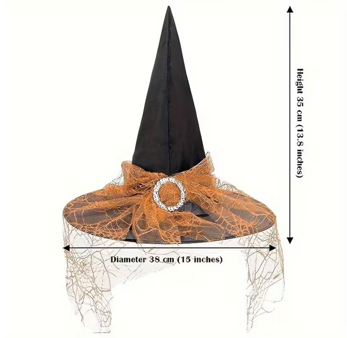 Witch Hat Set with Layered Tulle and Lace Trim, Black and Orange