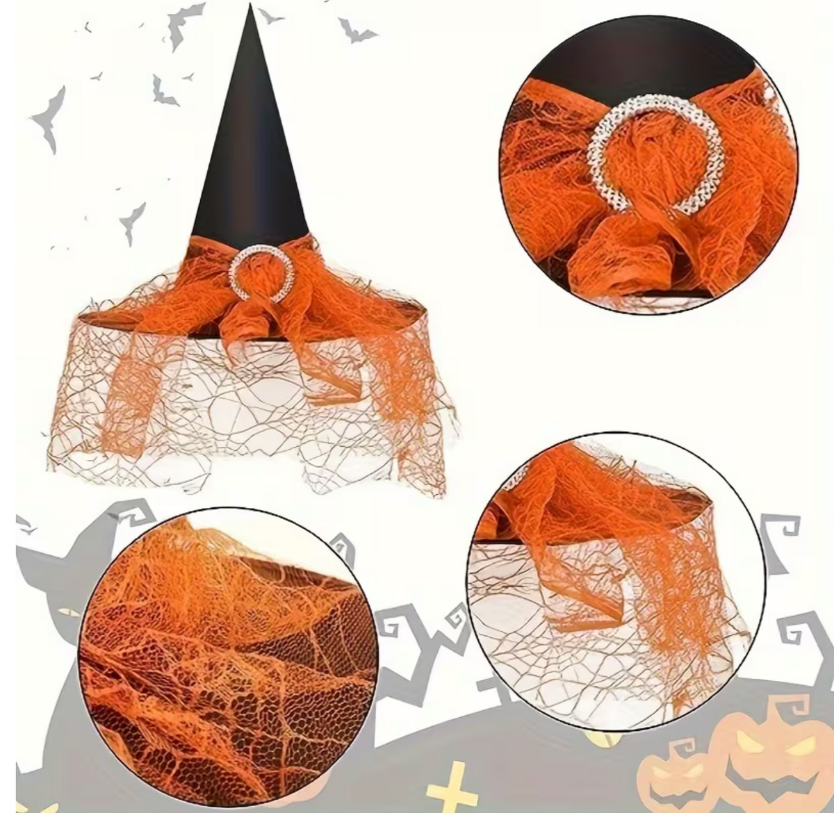 Witch Hat Set with Layered Tulle and Lace Trim, Black and Orange
