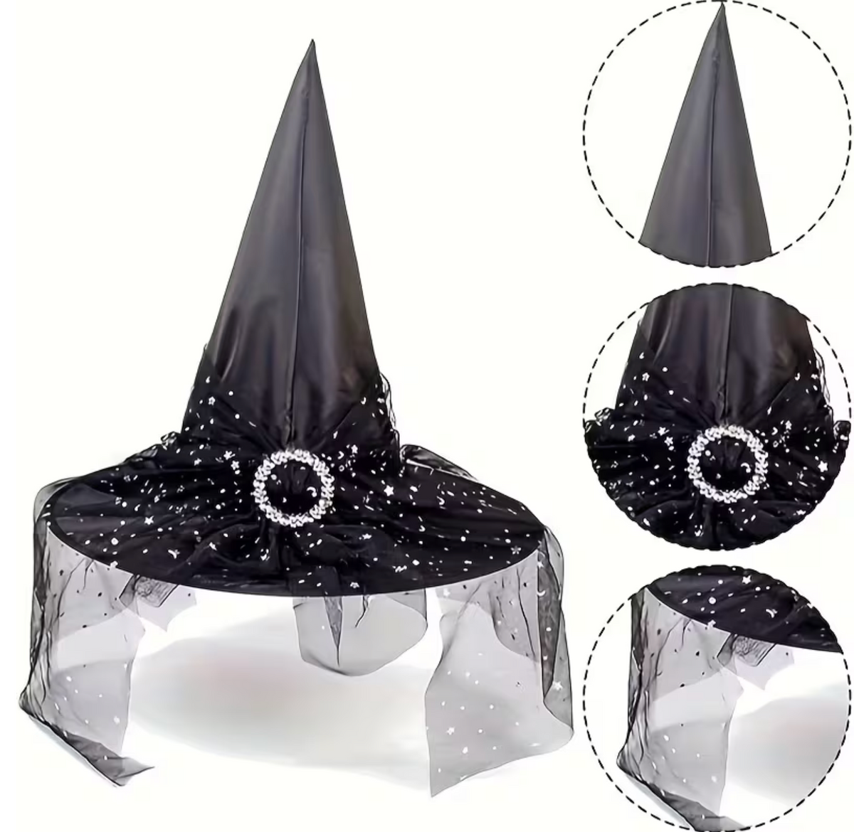 Witch Hat Set with Layered Tulle and Lace Trim, Black and Orange