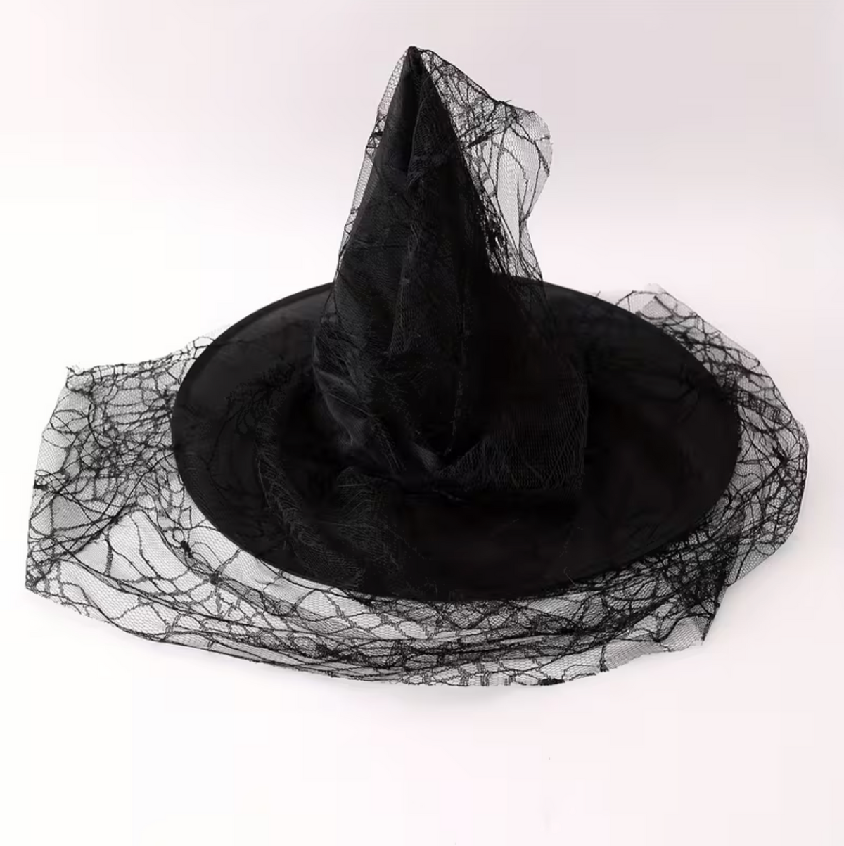 Black Mesh Lace Witch Hat for Adults with Pointed Cone Design