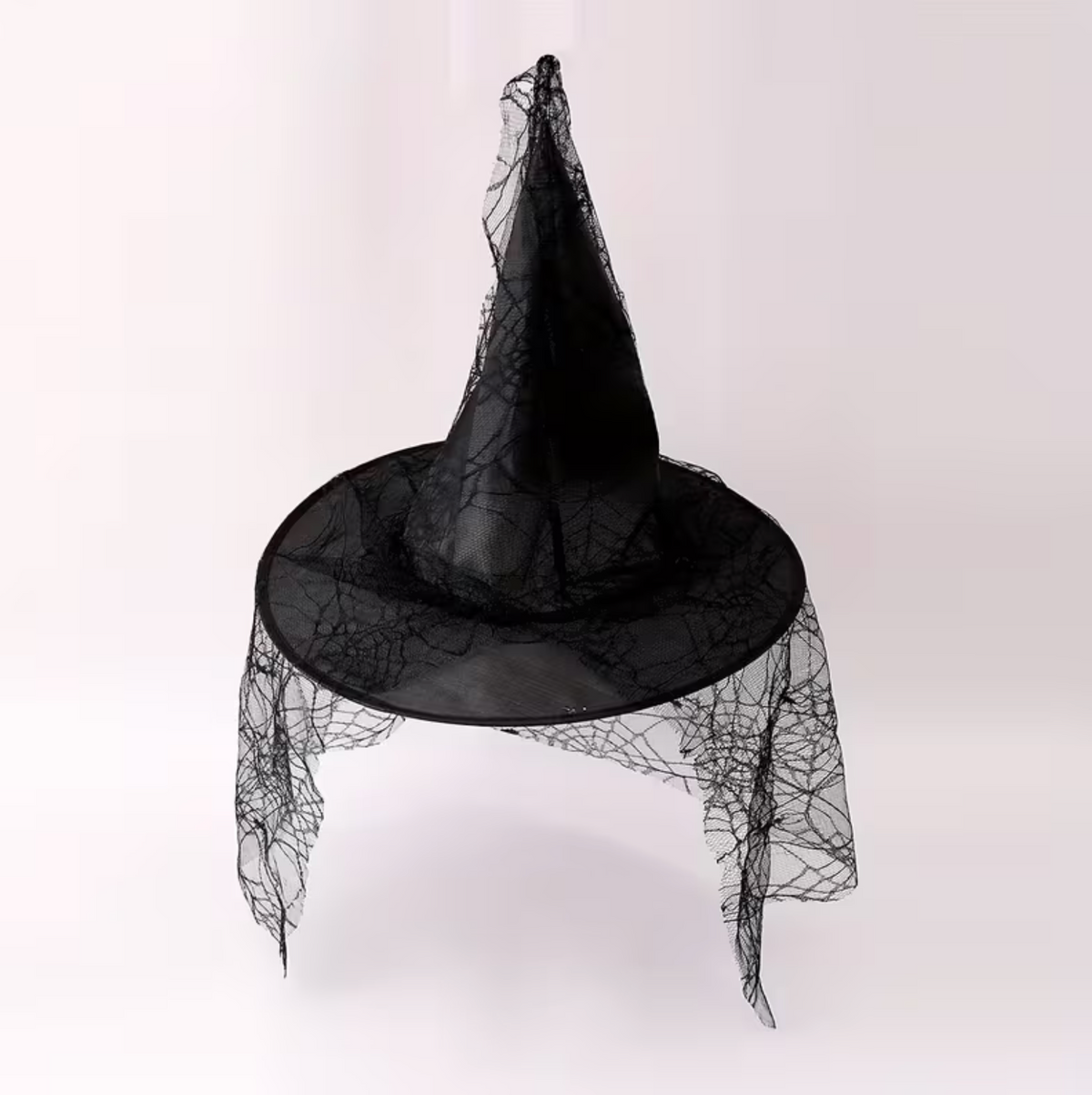 Black Mesh Lace Witch Hat for Adults with Pointed Cone Design