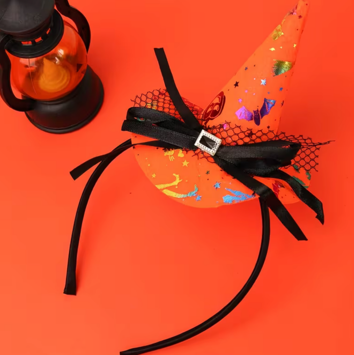Orange Witch Hat Headband with Lace Trim and Spider Web Accents