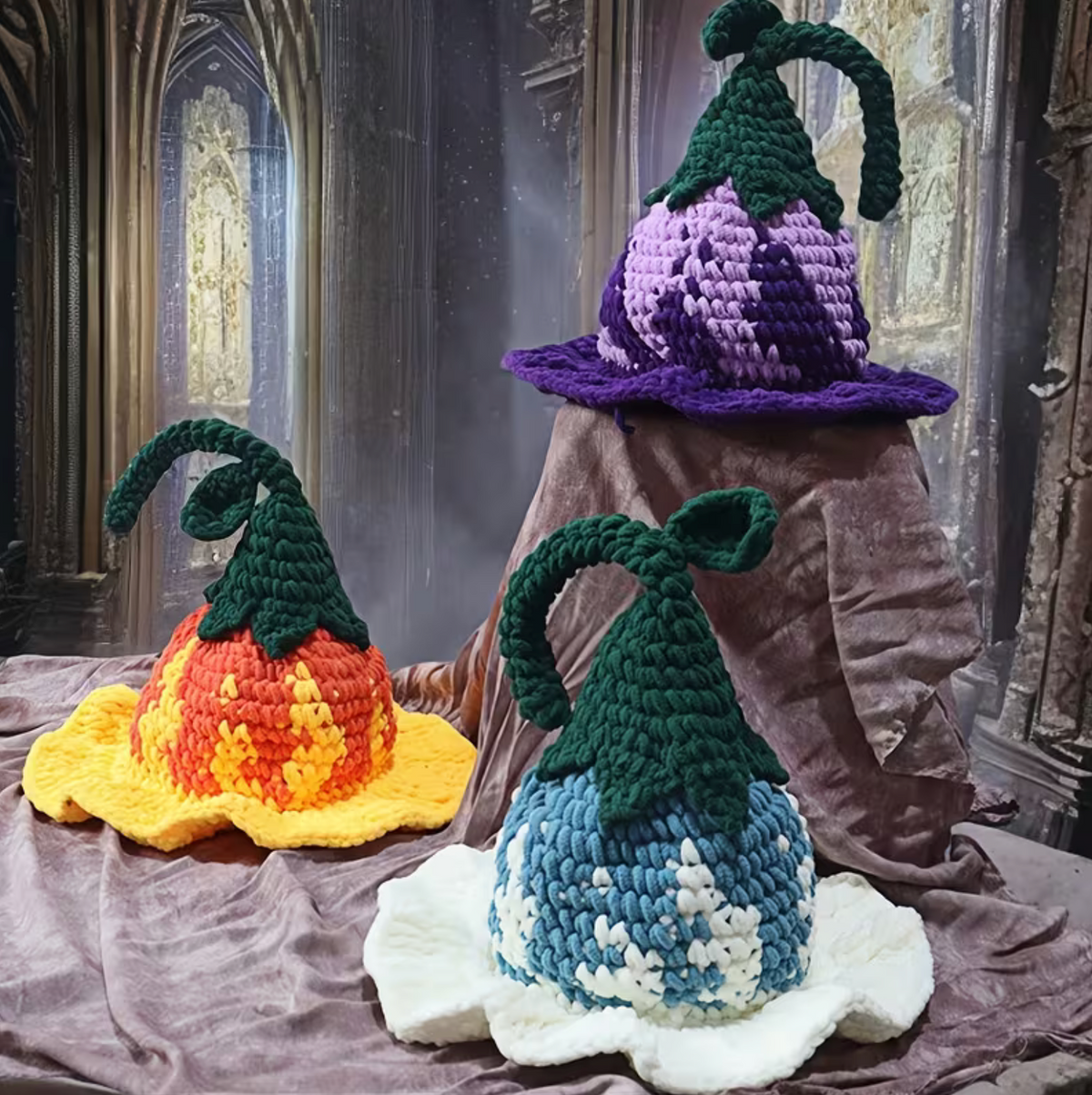 Pointed Wizard Hat with Hand Crocheted Floral Design for Women