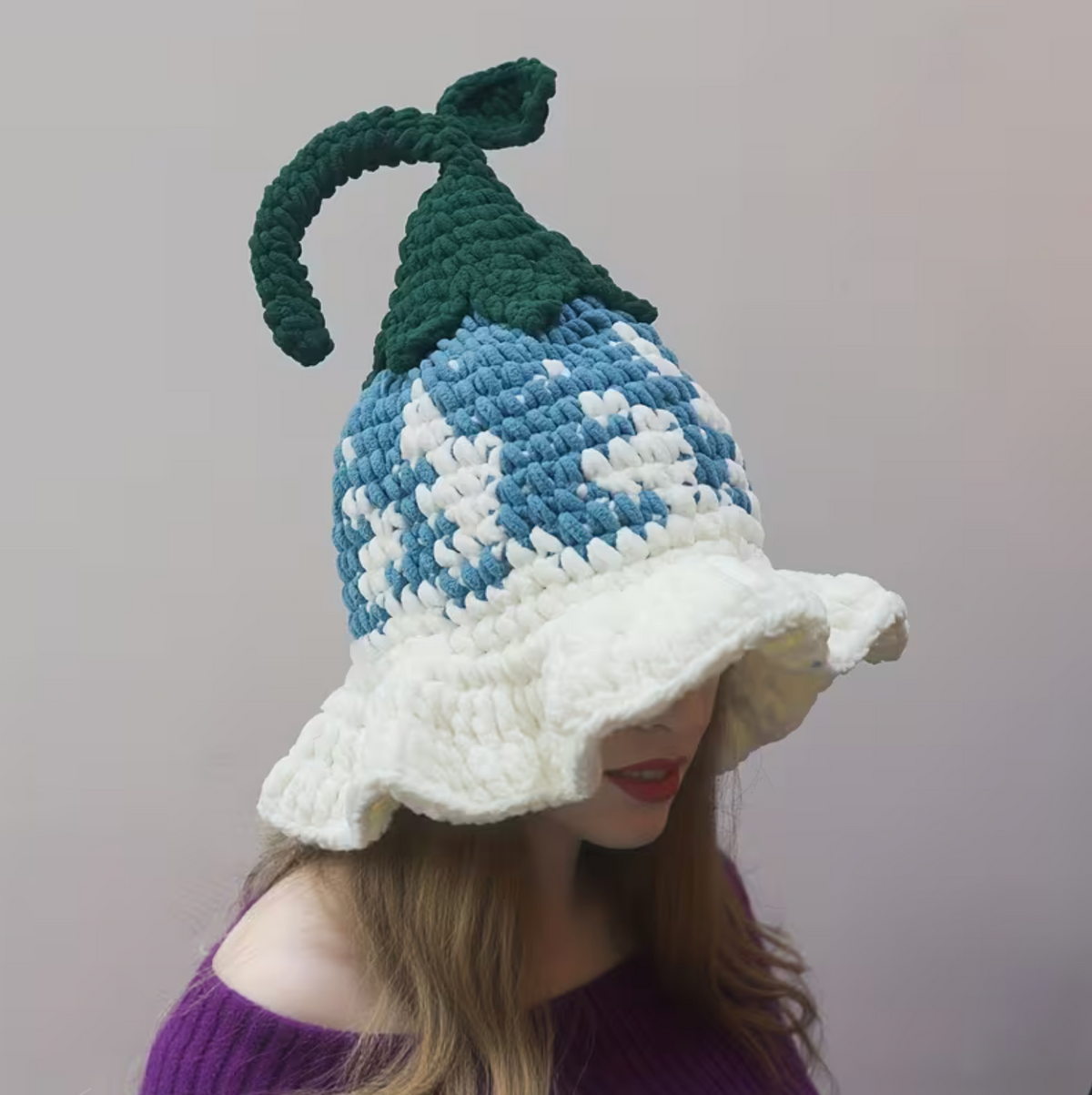 Pointed Wizard Hat with Hand Crocheted Floral Design for Women