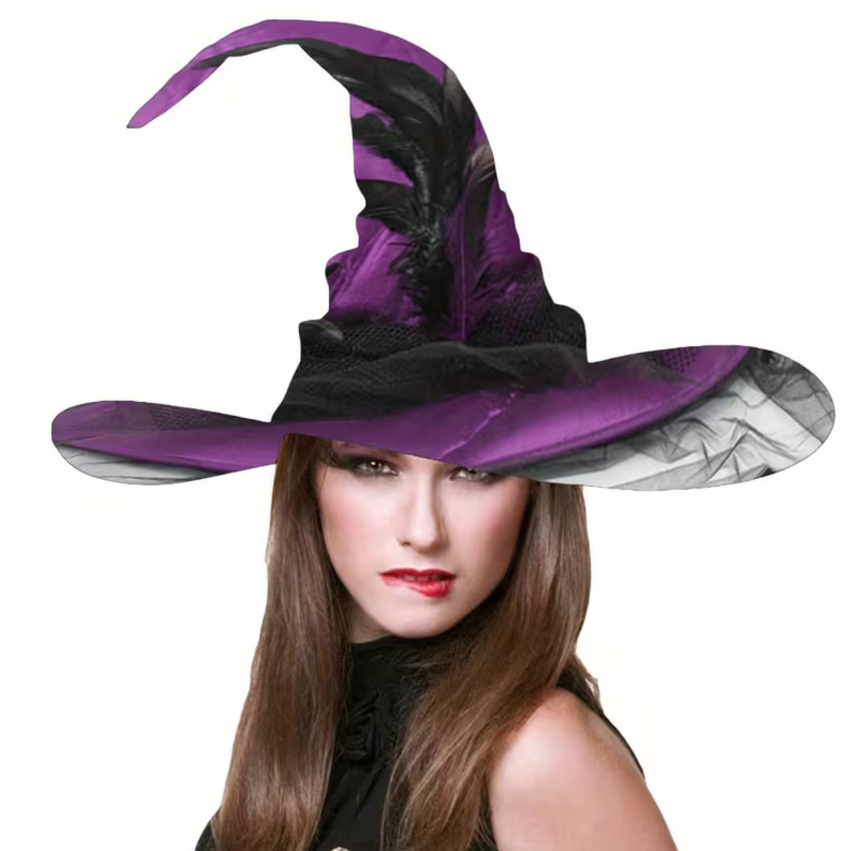 Pointed Witch Hat with Transparent Veil and Adjustable Interior Band