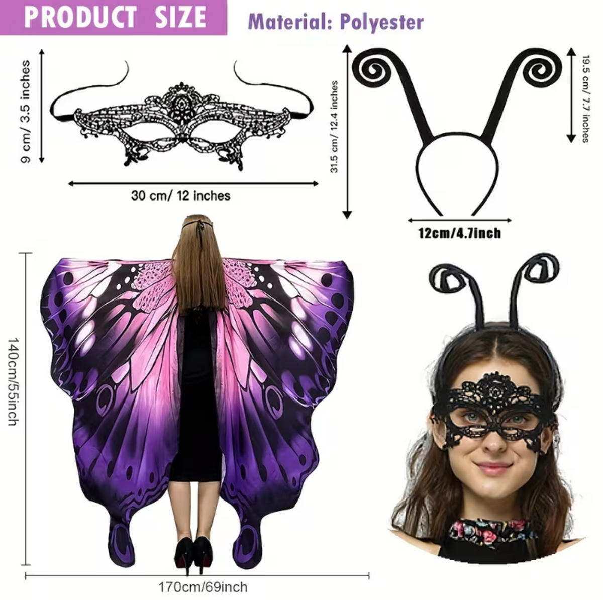 Butterfly Wing Shawl with Matching Headband and Double-Sided Printing for Costumes