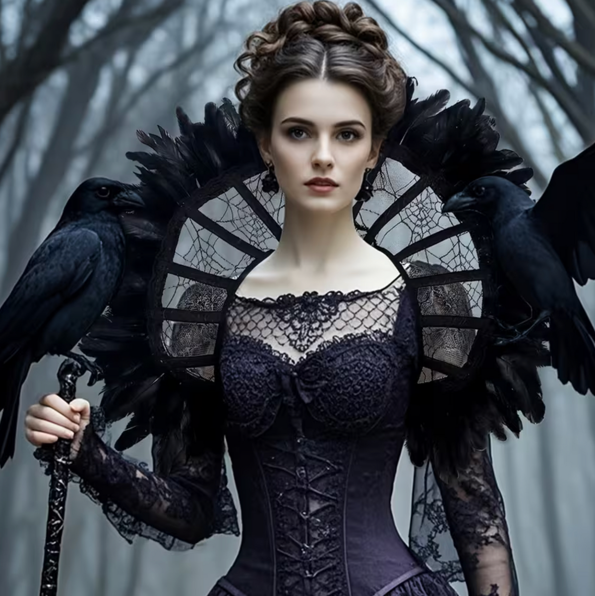 Black Lace Shoulder Cape with Bone and Feather Trim for Gothic Costumes