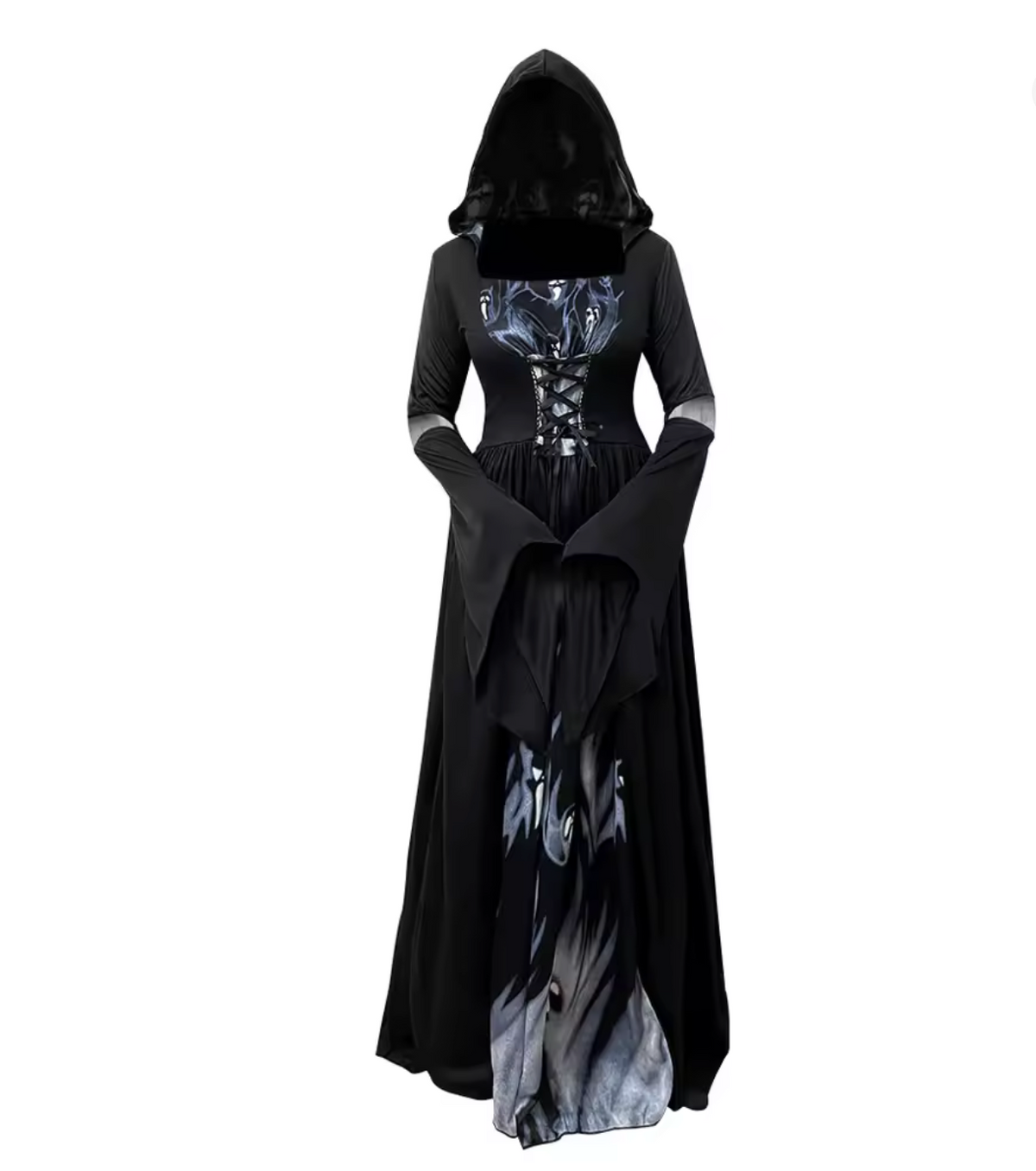 Gothic Witch Dress with Bell Sleeves and Ankle Length Skirt