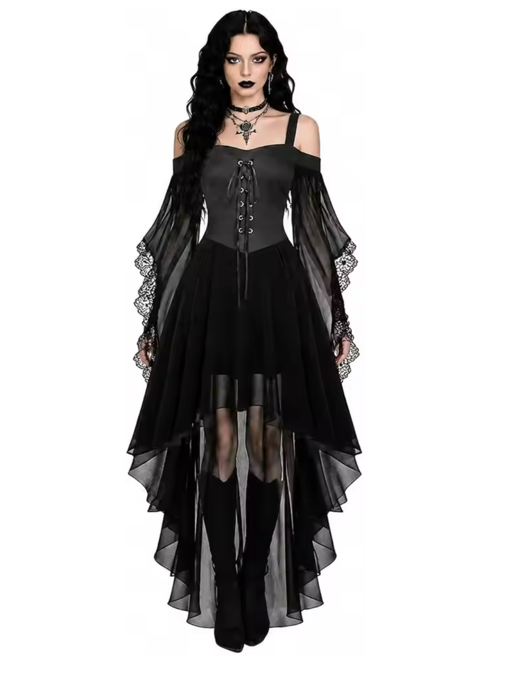 Witch Dress with Butterfly Sleeves and Mesh Fabric, Medieval Gothic Design