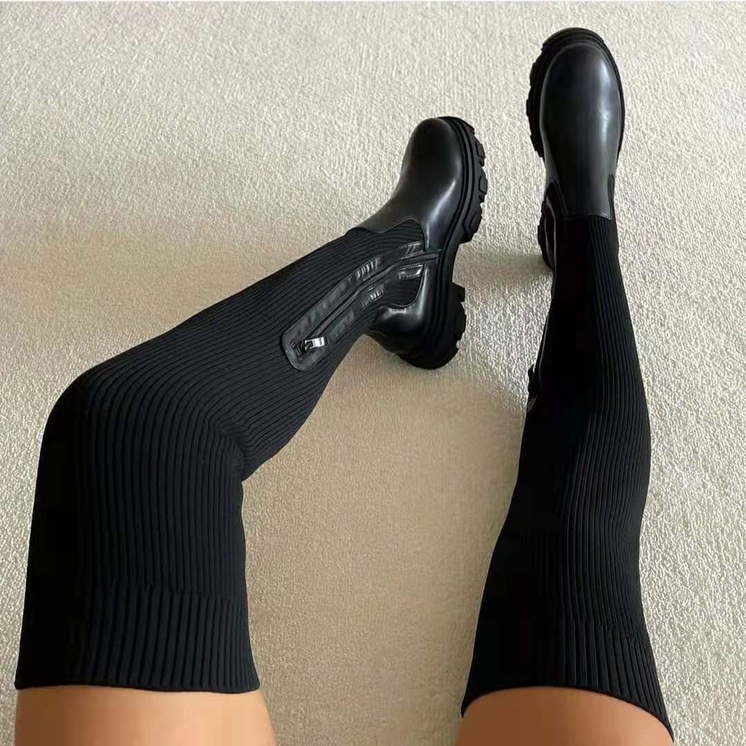 Women's Knee-High Boots with Structured Heel and Side Zip Closure
