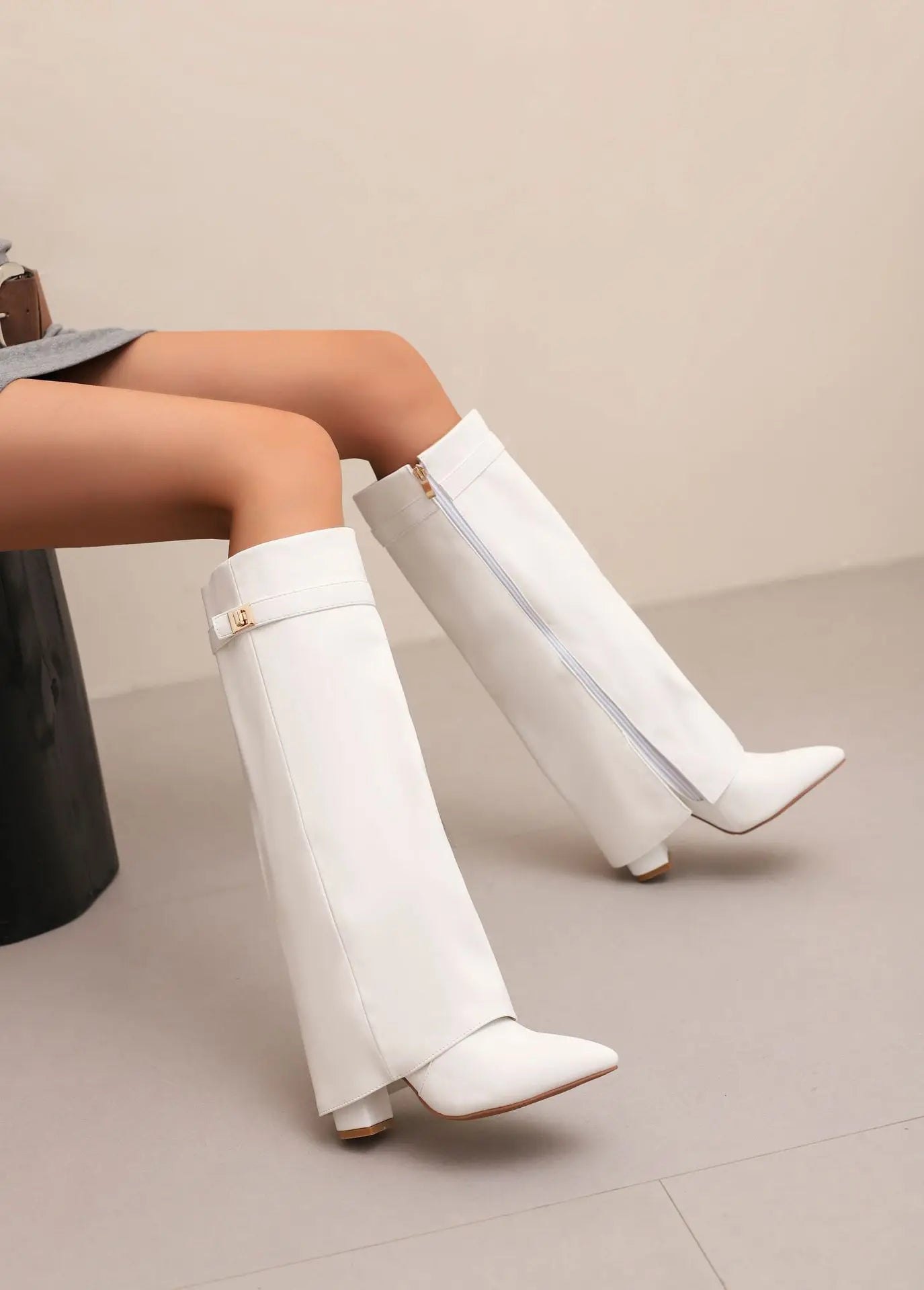 Women's Thigh-High Leather Boots with Adjustable Buckle and Low Block Heel