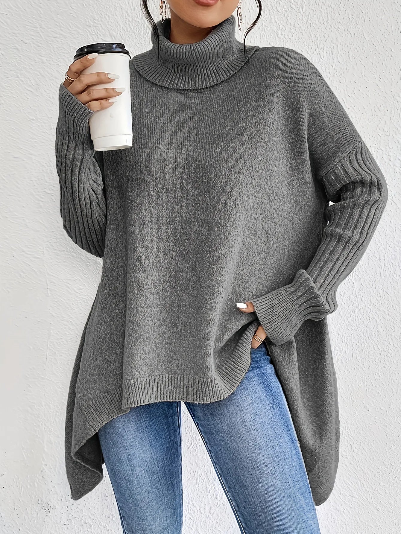 Cashmere Turtleneck Sweater with Oversized Fit and Folded Neckline, Soft Blend