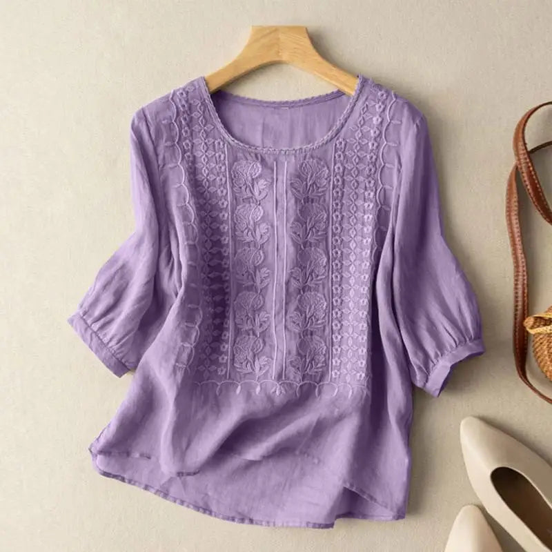 Embroidered Blouse with Relaxed Fit and Classic Collar, Long Sleeves