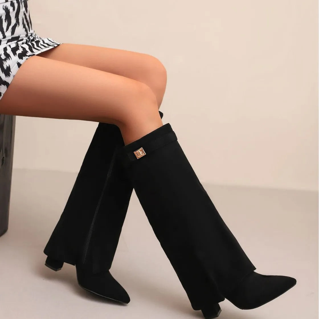 Women's Thigh-High Leather Boots with Adjustable Buckle and Low Block Heel