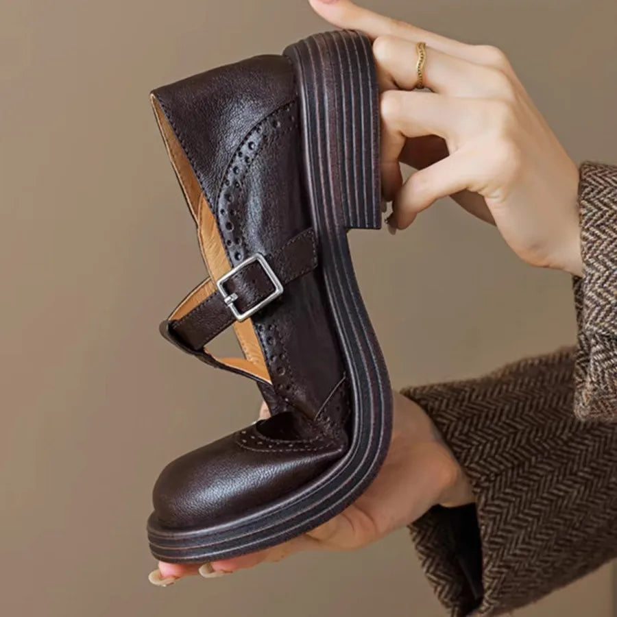 Women's Leather T-Strap Shoes with Cushioned Insole and Adjustable Buckle, Low Heel