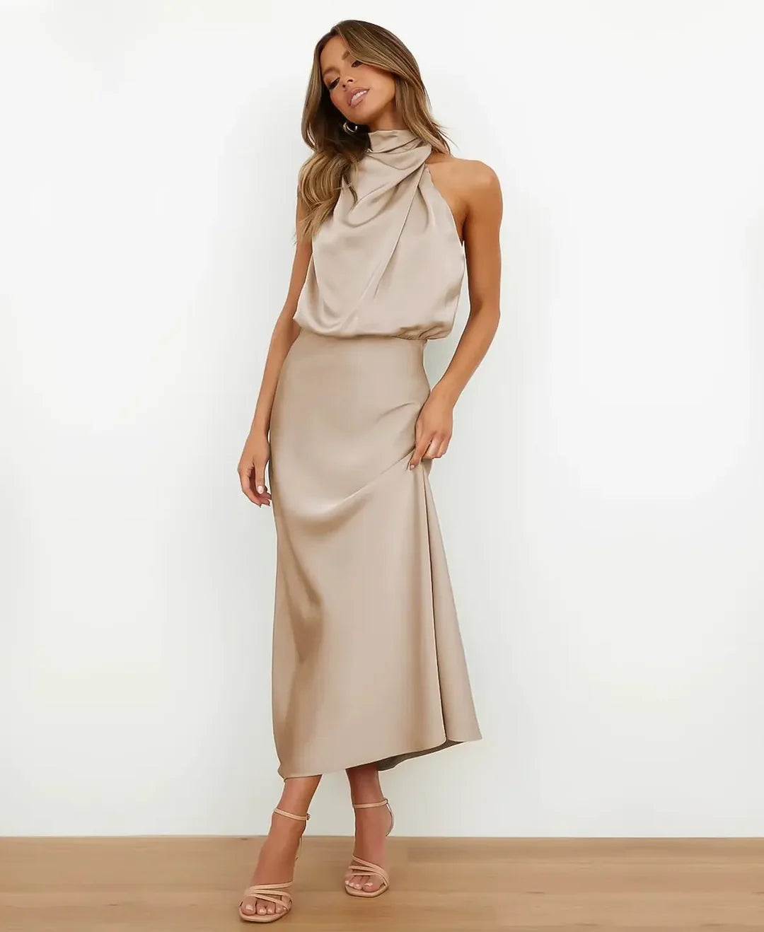 Sleeveless Midi Dress with High Neck and Defined Waist, Cotton Blend