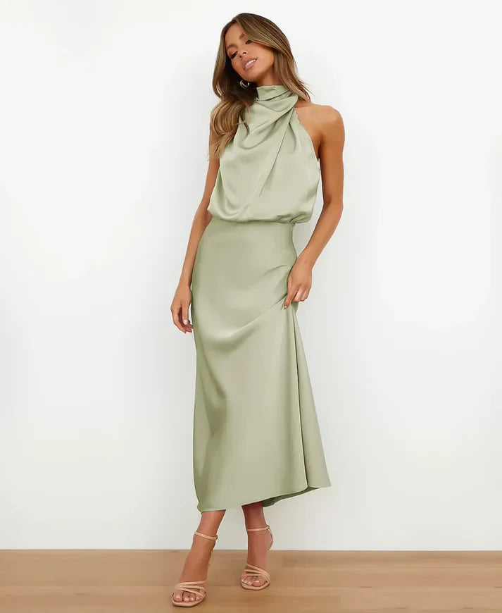 Sleeveless Midi Dress with High Neck and Defined Waist, Cotton Blend