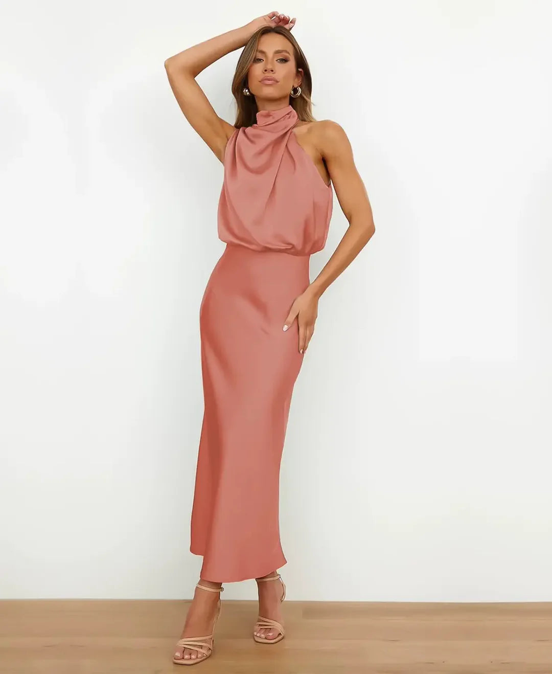 Sleeveless Midi Dress with High Neck and Defined Waist, Cotton Blend