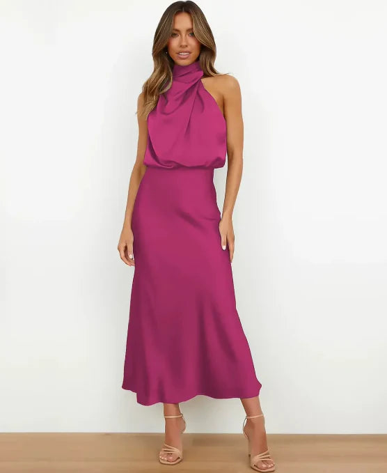Sleeveless Midi Dress with High Neck and Defined Waist, Cotton Blend